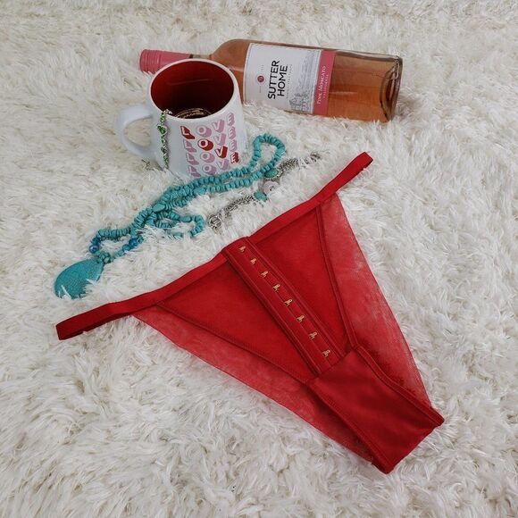 VS Red Mesh Velvet Hook & Eye Sexy BRAZILIAN - Picture 1 of 4